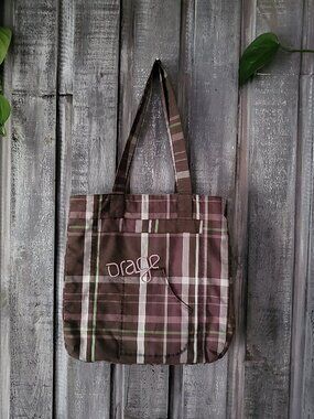 Orage Brown Plaid Tote Bag Embroidered Logo Zippered Closure Expandable